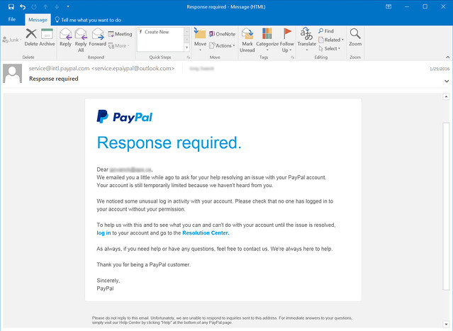 image of a fake paypal security notice