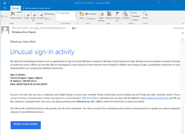 image of a fake Microsoft notice of unusual sign in activity