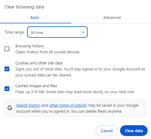 The Google Chrome clear browsing data dialog