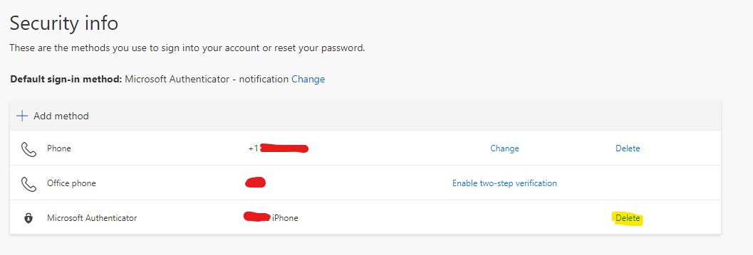 image highlighting button to delete existing Microsoft Authenticator verification method